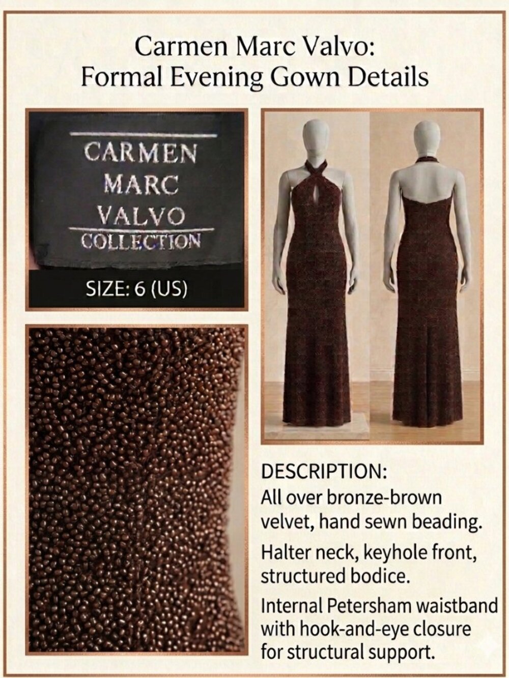 Carmen Marc Valvo Vintage Beaded Halter Evening Gown Size 6 Bronze Couture